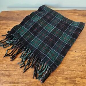 DAKS Lambswool Vintage Plaid Scarf Green Navy Blue Tartan Made in Italy Fringe